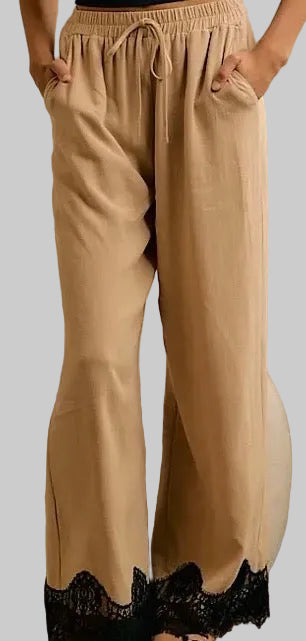 Lace Trim Linen Pants