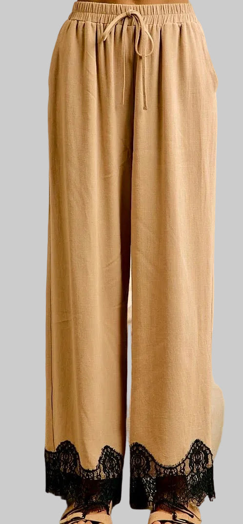 Lace Trim Linen Pants